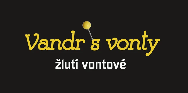 Původní logo Vandr s vonty: nápis zaobleným písmem, fotka žlutého špendlíku a pod ním žlutí vontové