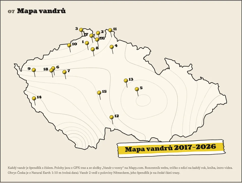 Kapitola manuálu Mapa vandrů: obrys Česka se žlutými špendlíky s čísly vandrů 2017 až 2026